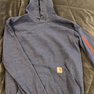 Carhartt Men's Blue Hoodie with Orange Logo